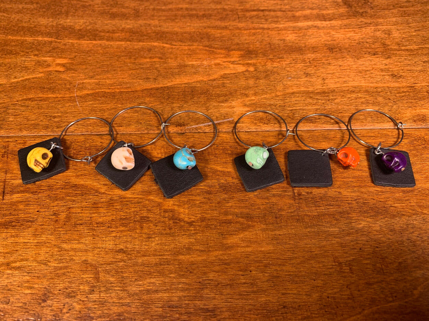 Back Latigo Square Wine Charms with Colored Skull Beads