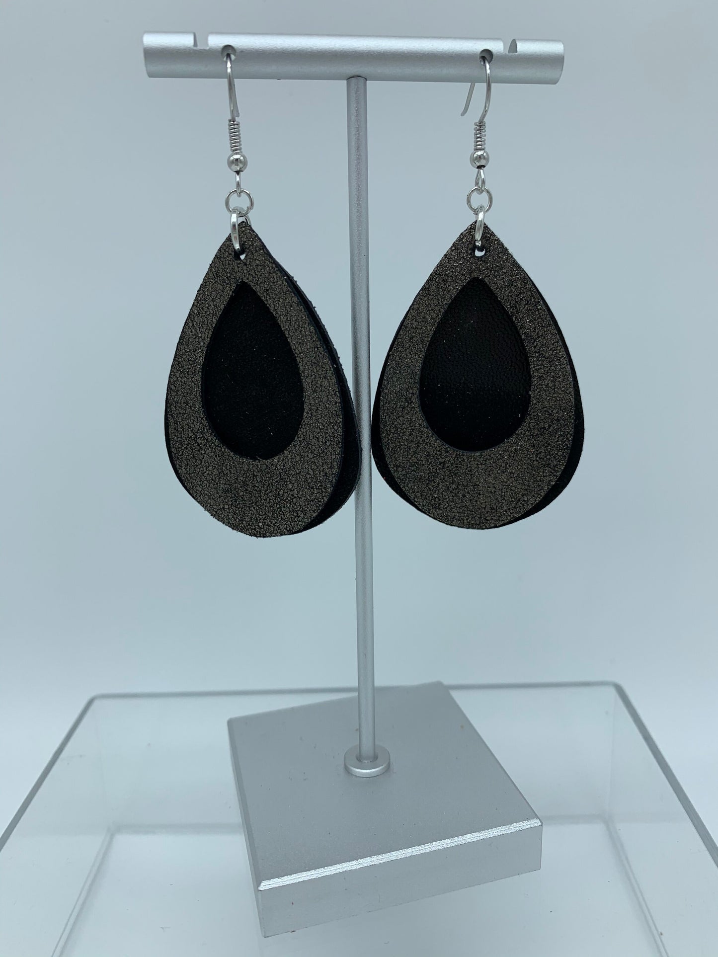 Black and Gold Leather Double Teardrop Earrings