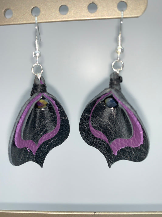 Leather Purple and Balck Blossom Earrings