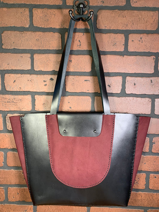 Black and Burgundy Leather Tote Bag