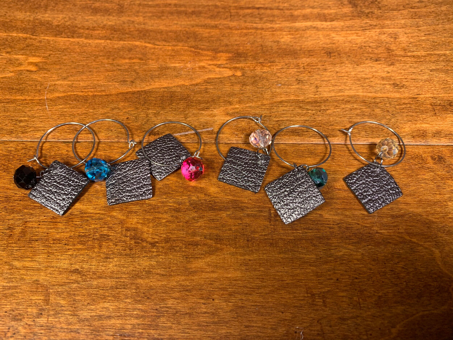 Metallic Square Wine Charms with Colored Beads