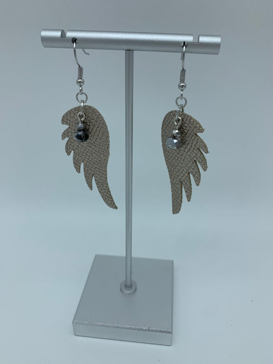 Gold Tone Leather Angel Wing and Silver Crystal Earring