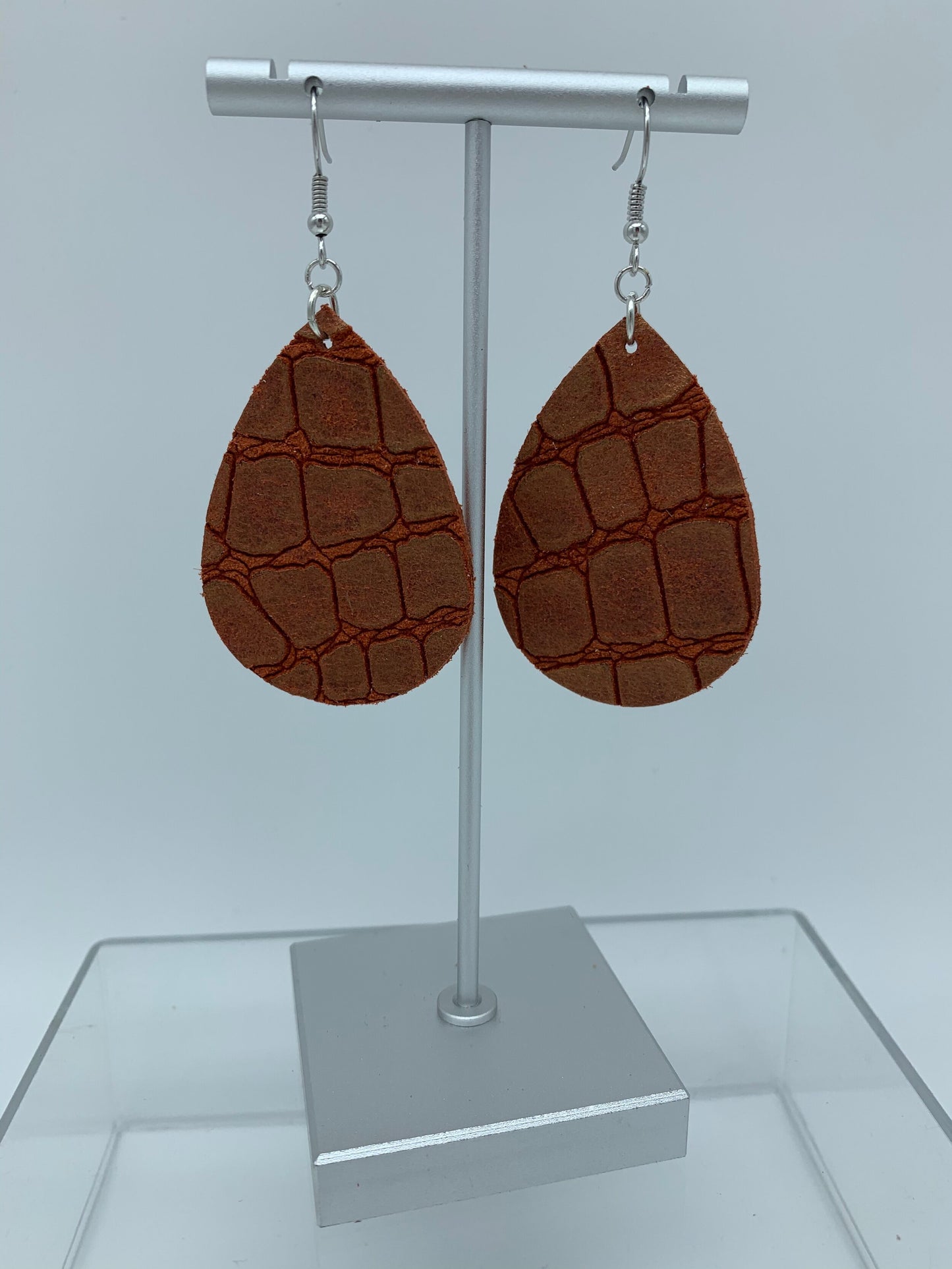 Orange and Gold Reptile Embossed Leather Teardrop Earrings